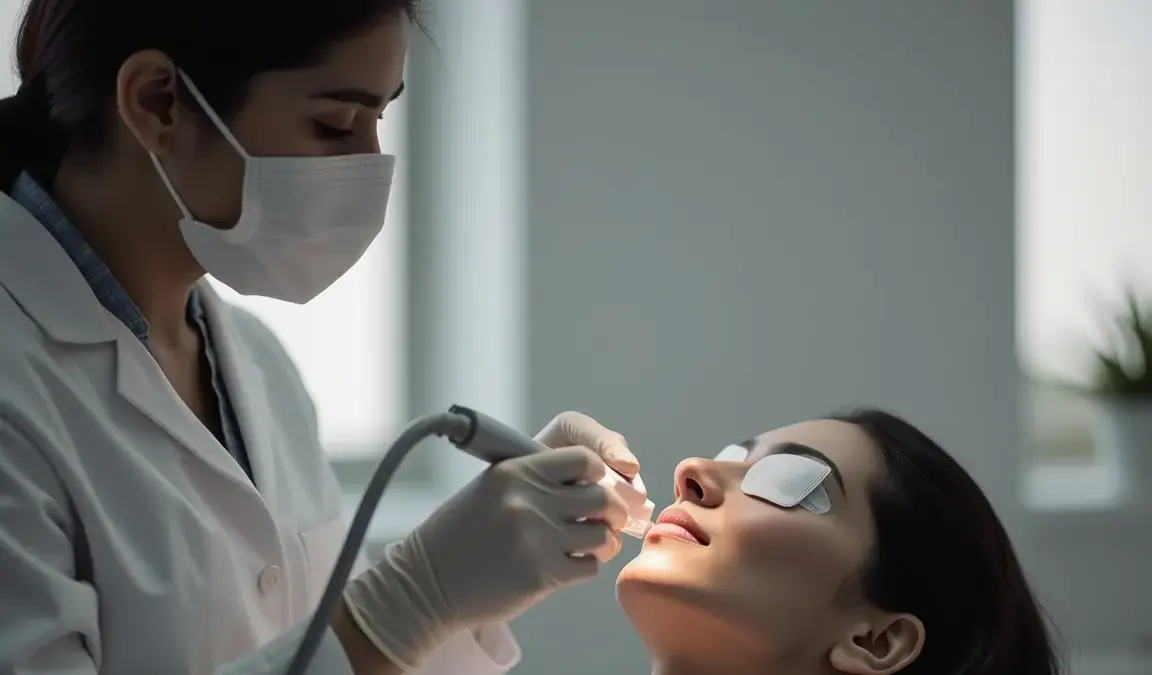 A young women undergoing laser treatment on her skin.