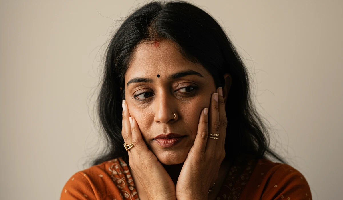 Indian Women holding her face in her hands. Her skin showing the signs of aging so her age must be 40 to 45 years